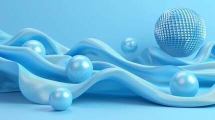 An isolated set of 3D geometric elements including balls, disks, and wavy fabrics