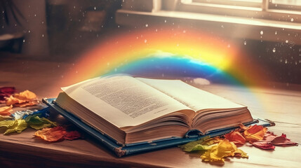 Open book with beautiful river background with rainbow and magical world. Open pages of a magical book with a magical fantasy world. Open book in nature. Open book with rainbow. - obrazy, fototapety, plakaty