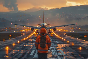 A solo traveler with a backpack is seen observing a brightly lit airport runway with an airplane ready for an evening takeoff