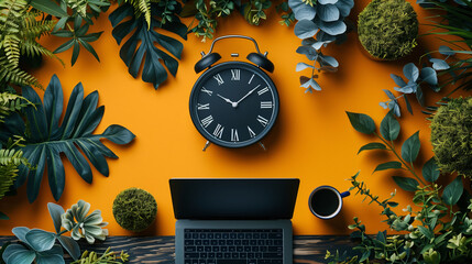 Flat lay with a classic black alarm clock, laptop, coffee cup, and a variety of green tropical leaves on a vibrant orange background, symbolizing time management and productivity.