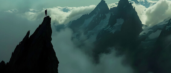 Climber reaching summit of towering mountain peak piercing through clouds, panoramic vista of jagged peaks, Sense of triumph and wonder - obrazy, fototapety, plakaty