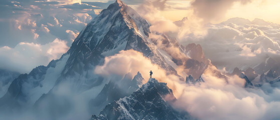 Climber reaching summit of towering mountain peak piercing through clouds, panoramic vista of jagged peaks, Sense of triumph and wonder