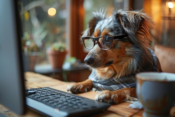 Smart dog wearing glasses and a scarf attentively using a computer at a wooden desk