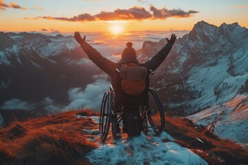 Silhouette of a joyful disabled man with arms raised in a wheelchair at mountain sunset, symbolizing triumph - obrazy, fototapety, plakaty