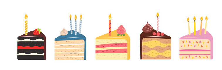 Birthday piece of cake. Different cakes with topping and candles. Brownie, cookie. 