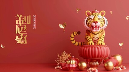 Fototapeta na wymiar Chinese New Year banner, 2022 Year of The Tiger, with a 3D rendering of a tiger standing on a Chinese drumhead. The text welcomes the New Year in Chinese.