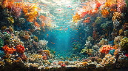 Fototapeta na wymiar Wide Angle Photography Immerses You in the Colorful Splendor of Coral Reefs.