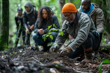 A diverse group of people are engaged in planting a sapling together in a lush forest setting