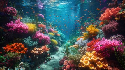 Fototapeta na wymiar Wide Angle Shot Presents the Enchanting Diversity of Colors in Coral Gardens.