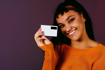 Fashionable Woman with Credit Card Enjoying Shopping - obrazy, fototapety, plakaty