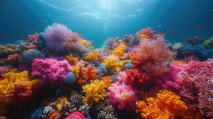 Fototapeta na wymiar Wide Angle Lens Provides a Stunning View of Colorful Coral Reefs Teeming with Life.