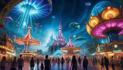 Visitors explore a vibrant intergalactic theme park under a night sky illuminated by planets and floating jellyfish-like creatures.. AI Generation