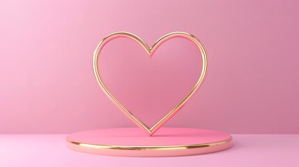 An illustration of a heart shaped pink platform with a heart shaped golden metallic frame behind it. A stage suitable for displaying products on a pink background would make a great Mother's Day or