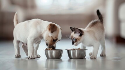 Naklejka na ściany i meble A Puppy and Kitten Eating