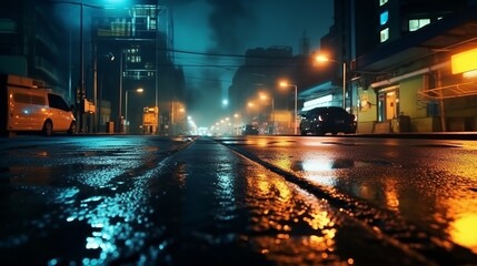 Night city street in a foggy day with wet pavement and cars