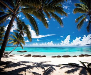 A tropical beach with palm trees and a clear blue ocean in the background.