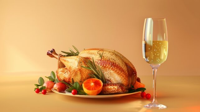 This 3D illustration depicts roasted turkey on orange background with champagne glass.