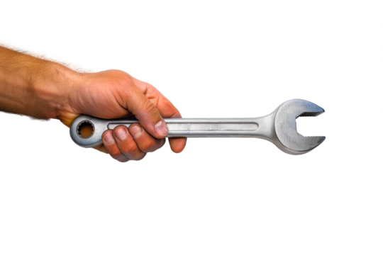 Man's hand holding a mechanic's wrench isolated on a cutout PNG transparent background