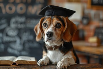 Representing triumph in learning, a dog dons a mortarboard cap in an academic environment