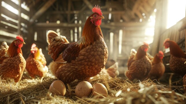 Hen with Eggs in Rustic Barn
