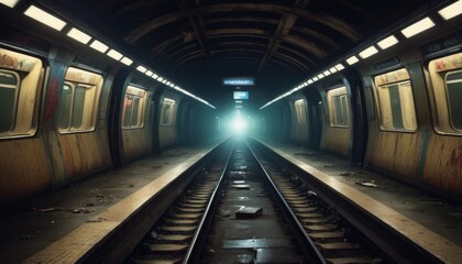 A desolate subway tunnel with grimy, graffiti-covered trains, lit by a distant, mystical light at the end of the tracks. AI Generation
