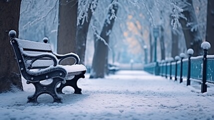 Bench in the park covered with snow. Beautiful winter landscape. Winter background