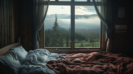 a bed with a window overlooking a natural  landscape 