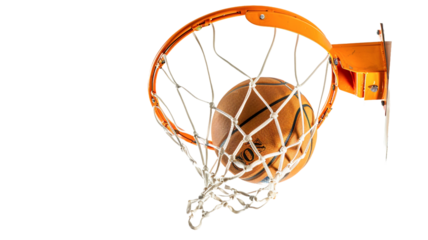Basketball hoop and basketball ball in action isolated on transparent background.

