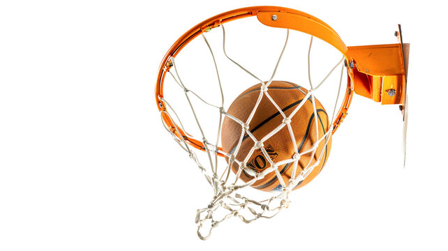 Basketball hoop and basketball ball in action isolated on transparent background.

