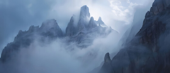 Mountain summit cutting skyward through clouds, sweeping view of surrounding peaks - obrazy, fototapety, plakaty