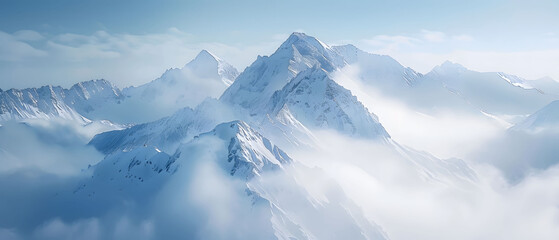 Fototapeta na wymiar Mountain summit cutting skyward through clouds, sweeping view of surrounding peaks