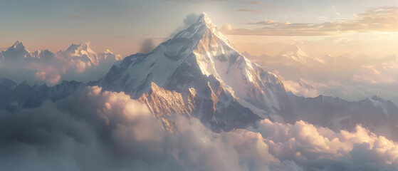 Mountain summit cutting skyward through clouds, sweeping view of surrounding peaks - obrazy, fototapety, plakaty