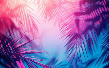 Bright Blue and Pastel Pink Tropical Palm Leaves with Sun Rays