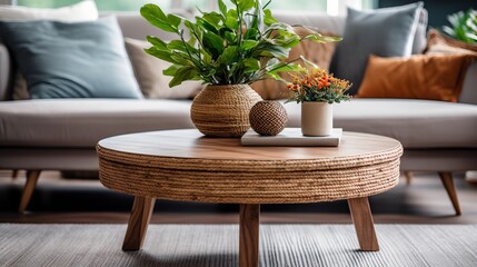 Interior of modern living room with wooden coffee table, sofa and plants