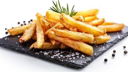 Crisp steakhouse style French Fries with pepper and salt, on slate plate, isolated on white background.