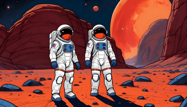 Two astronauts in white space suits with orange and blue highlights standing on a Mars-like surface with red rocks and a large red sun in a starry sky in the background