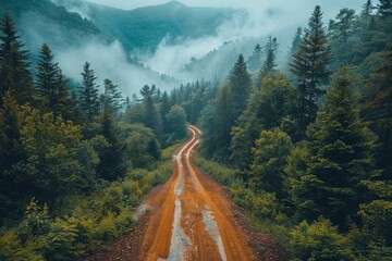 A moody, mist-covered mountain scene with a dirt road winding through dense fog and forest