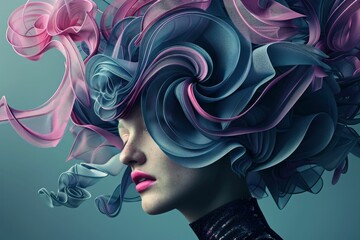 Vibrant and colorful portrait of a woman with a large, voluminous hairstyle in pink and blue design