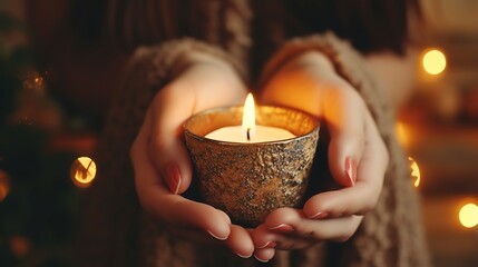 Woman holding a burning candle in her hands with bokeh background