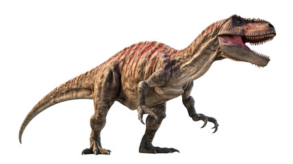 Tyrannosaurus rex with powerful jaws open, ferocious might of the t-rex isolated on transparent...
