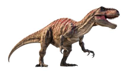 Tyrannosaurus rex with powerful jaws open, ferocious might of the t-rex isolated on transparent background. 
