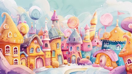 A watercolor confectionery town with sweet castles and candy foliage, ideal for storybook illustrations and nursery decor.