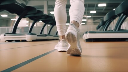 Low section of young woman in sportswear running on treadmill in gym - Powered by Adobe