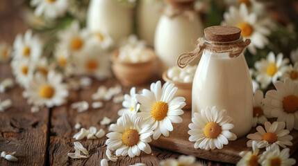 Fototapeta na wymiar Bottles of fresh milk with a rustic cork top surrounded by white daisy flowers on a wooden surface, depicting a wholesome, natural, and organic concept.