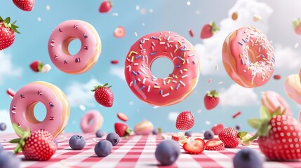 Poster advertising strawberry glazed donuts in a park with blueberries and strawberries and falling on picnic plaid. - obrazy, fototapety, plakaty