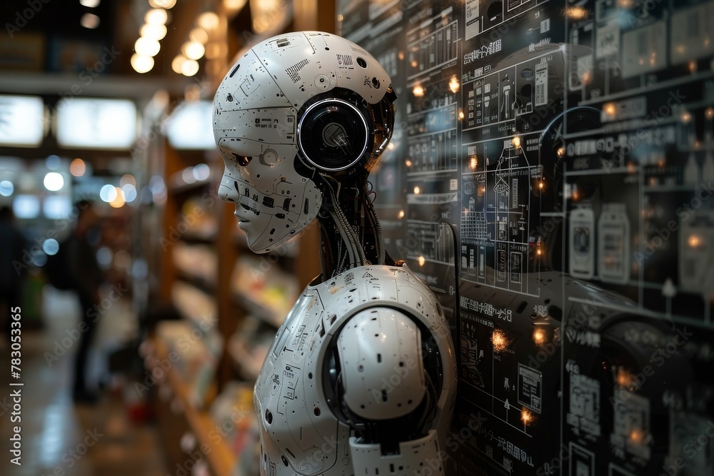 Poster futuristic humanoid robot with intricate circuit patterns standing by a schematic diagram