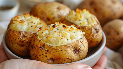 Close-up of delicious twice-baked potatoes with cheese and spices, served in a ceramic dish held by a person, with raw potatoes in the background. - 783053338