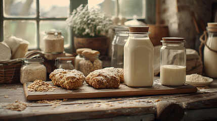 Rustic kitchen scene with fresh baked bread, milk in a bottle and glass, and ingredients like flour and oats on a wooden table, with a bouquet of white flowers in the background. - 783053359