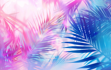 Bright Blue and Pastel Pink Tropical Palm Leaves with Sun Rays