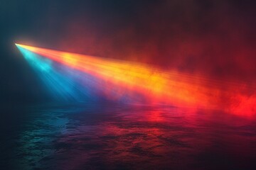 Two gradient light beams, one shifting from azure to emerald, the other from fiery orange to crimson, intersect in a dazzling point on a stark black backdrop